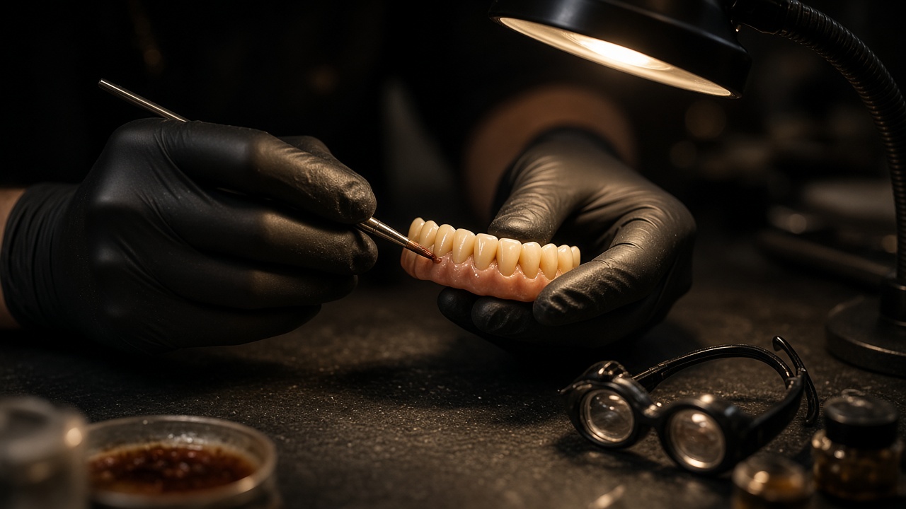 Placeholder: gloved hands staining a full-arch prosthesis